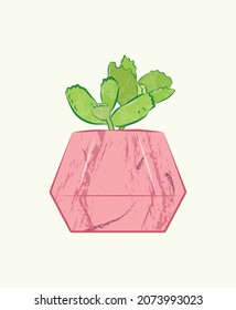 Cute green bear's paw succulent and pink pot with yellow background in flat cartoon vector illustration art design