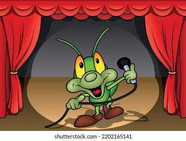 Cute Green Beetle with a Big Smile and a Microphone in his Hand - Colored Cartoon Illustration with Background, Vector