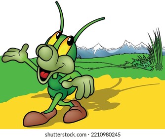 Cute Green Beetle with a Big Smile and Outstretched Hands - Colored Cartoon Illustration with Background, Vector