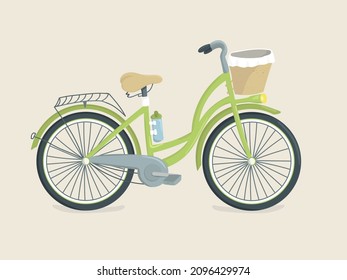 Cute green bike with basket, vector illustration in flat style. Modern city bike for cards, posters, advertising and other designs