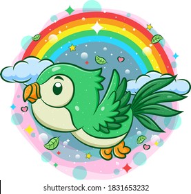 Cute green bird flying with rainbow background of illustration
