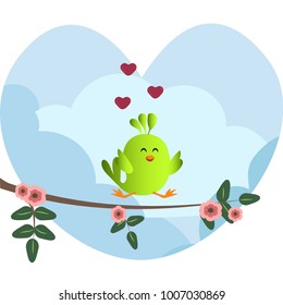 Cute green bird jumping on a branch with flowers. Cute sparrow with hearts on sky background