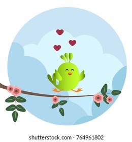 Cute green bird jumping on a branch with flowers. Cute sparrow with hearts on sky background