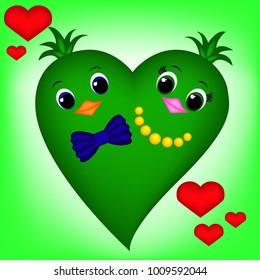 Cute green Bird-Heart on green background, girl and boy