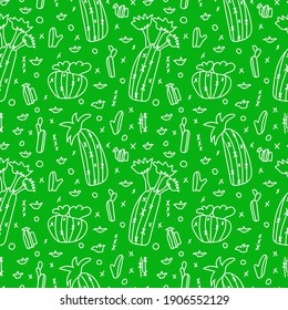 Cute green blooming cactus. Vector seamless pattern. Doodle