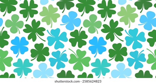 Cute green and blue four leaf clover vector seamless pattern, Floral background for Saint Patrick's Day