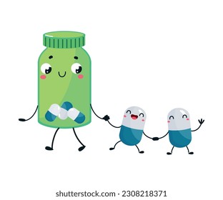 Cute Green Bottle with Drug and Medicine Holding Hands with Smiling Capsule Vector Illustration