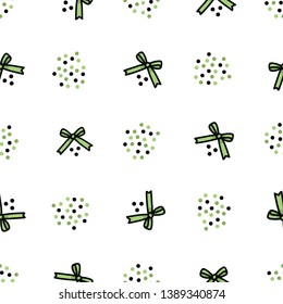 Cute green bow cartoon seamless vector pattern. Hand drawn for gift wrapping ribbon. Pastel celebration tile. Decorative repeating fill.