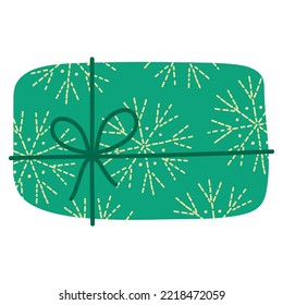 Cute green box with padlock and bow. Tied with ribbon. Snowflake pattern, snow. Traditional symbol of New Year and Christmas. Design for stickers, cards, templates, banners, social media posts. 