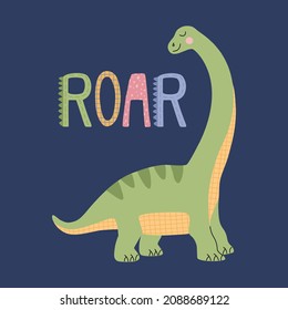 Cute green brontosaur and ROAR lettering isolated on blue background. Funny dinosaur, prehistoric animal with long neck and short legs. Cartoon clip art for kids. Hand drawn flat vector illustration