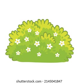 Cute green bush with white flowers on a white background. Green plant in cartoon style.
