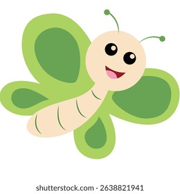 Cute green butterfly with smiling face and soft wings, ideal for children’s books, nature graphics, insect studies, or spring-themed illustrations.


