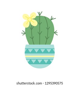 Cute green cactus in blue plant pot with pattern, vector illustration. Isolated succulent with yellow flower, web or print icon.