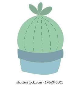 cute green cactus in a blue pot, decorative element, kids toy, vector element with decorative stitching seam