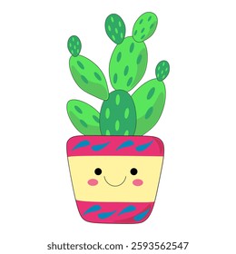 Cute green cactus. Cartoon character in  colorful smiling flower pot. Colors: light green, dark green, pink, yellow, black, blue. One icon isolated on white background.