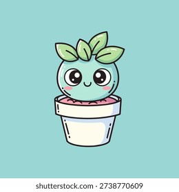 Cute green cactus with face in flower pot cartoon smiling cactus