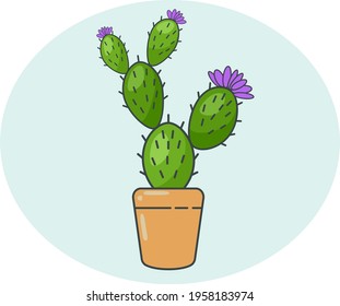 Cute green cactus in a flat style with a lilac flower growing in a brown clay pot. Vector.