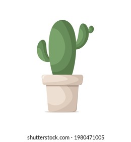 Cute green cactus in flower pot, isolated on white background. Indoor plant as an element of interior design for home, office, cafe. Cartoon vector illustration