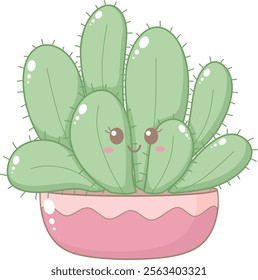 Cute Green Cactus Foliage in Round Pink Pot. Simple House Plant Cacti Illustration.