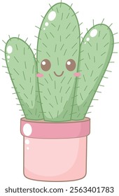 Cute Green Cactus Foliage in Simple Pink Pot. Simple House Plant Cacti Illustration.