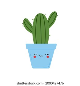 Cute green cactus in a happy smiling flower pot. Cartoon hand drawn houseplant illustration isolated on white background