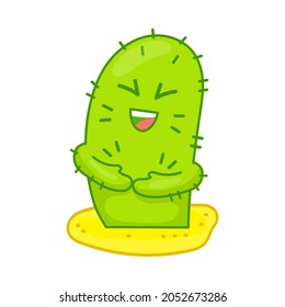 Cute green cactus laughing vector illustration. Cartoon character holding stomach because of laugh. Emotions concept