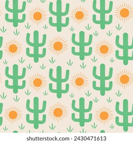 Cute Green Cactus with orange sun seamless pattern. For fabric, textile and wallpaper 