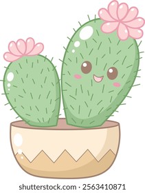 Cute Green Cactus With Pink Flower in Brown Pot. Simple House Plant Cacti Illustration.