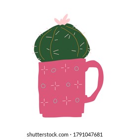 Cute green cactus in a pink mug