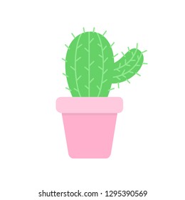 Cute green cactus in pink plant pot, vector illustration. Isolated succulent, web or print icon.