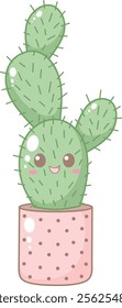 Cute Green Cactus in Pink Polkadot Pot. Simple House Plant Cacti Illustration.