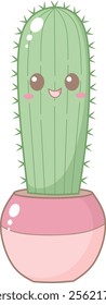 Cute Green Cactus in Pink Pot. Simple House Plant Cacti Illustration.