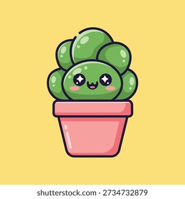Cute green cactus in pink pot with animated face and sparkle eyes