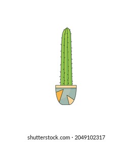 Cute green cactus in plant pot, vector illustration isolated on white. Web or print icon