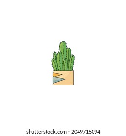 Cute green cactus in plant pot, vector illustration isolated on white. Web or print icon