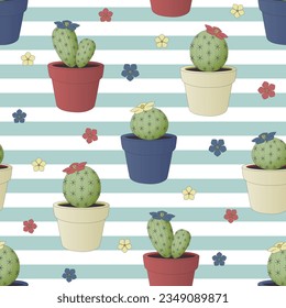 Cute green cactus plant in pot seamless pattern