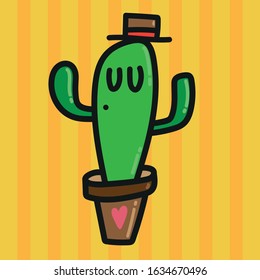 cute green cactus in a pot with a hat on a striped background