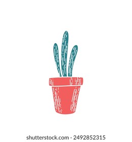 Cute green cactus in a red pot. Vector style. Isolated, card, banner create.