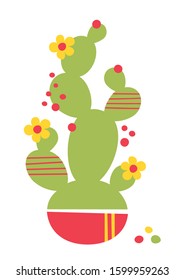 Cute green cactus with red and yellow flowers greeting card illustration isolated on white background 