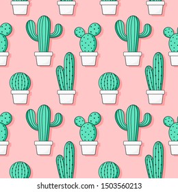 cute green cactus seamless pattern on pink background. vector Illustration.