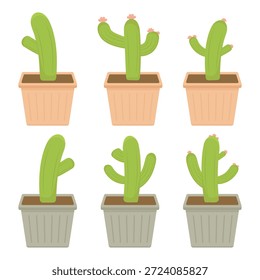 Cacto verde bonito definido em vasos de flor quadrada. Ilustração de vetor de estilo plano para gráficos de decoração de casa, blogs de jardinagem, marca de loja de plantas de interior, e adesivos de estilo de vida bonito