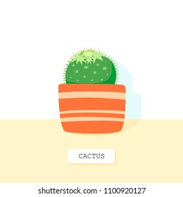 Cute green cactus standing on a table top, front view with a space for a text. Home plant in pots. Flower icon in a flat style isolated on a white background. Cartoon decorative houseplant in vector