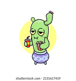 cute green cactus succulent drink popcorn cartoon doodle adorable character vector illustration