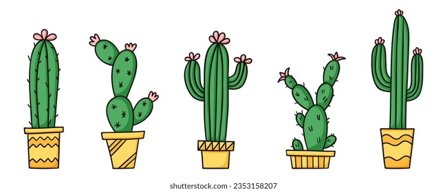 Cute green cactus and succulents in yellow pots. Cartoon vector illustration set