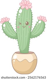 Cute Green Cactus Tree With Pink Flower in Brown Pot. Simple House Plant Cacti Illustration.