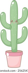 Cute Green Cactus Tree in Pink Pot. Simple House Plant Cacti Illustration.