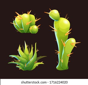 Cute green cactuses with orange thorns. Aloe vera in cartoon style, mexican plant. Vector illustration in cartoon style, for icons, ui, games and others. Isolated objects on dark