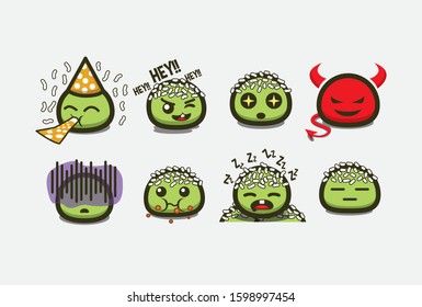 Cute Green Cake Character Vector Sticker Set with Multiple Expressions