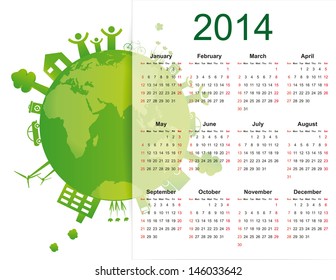 cute and green calendar on 2014 year with globe