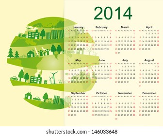 cute and green calendar on 2014 year with globe